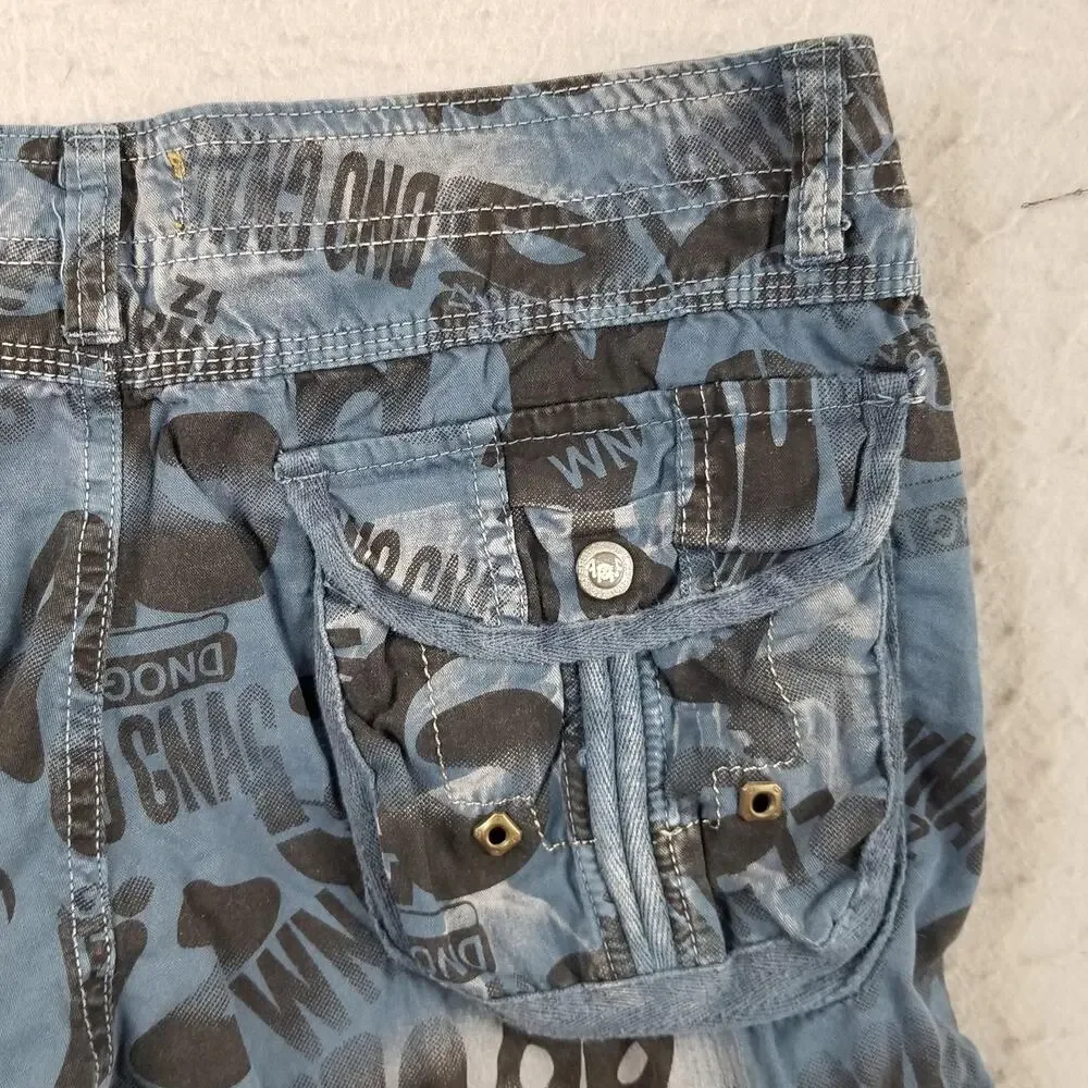 Cargo Shorts Mens 32 Blue All Over Print Multi Pocket‎ Drawstring Y2K Streetwear